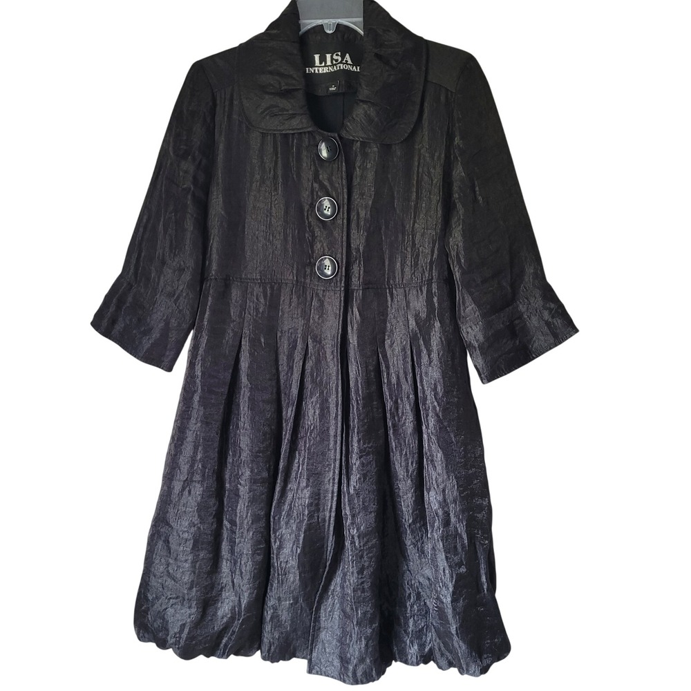 Lisa International Black Crinkle Bubble Hem Coat Jacket Medium Whimsigoth  Y2K